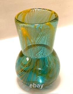 RARE Murano Style Hand Blown Art-Glass Vase Swirl Wavy Multicolored Blue VTG MCM