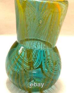 RARE Murano Style Hand Blown Art-Glass Vase Swirl Wavy Multicolored Blue VTG MCM