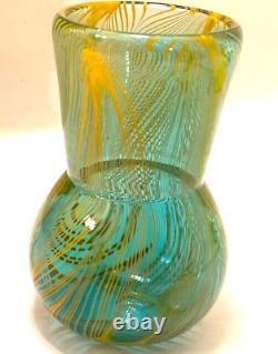 RARE Murano Style Hand Blown Art-Glass Vase Swirl Wavy Multicolored Blue VTG MCM