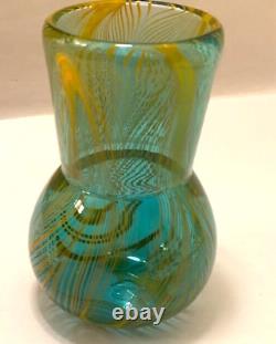 RARE Murano Style Hand Blown Art-Glass Vase Swirl Wavy Multicolored Blue VTG MCM