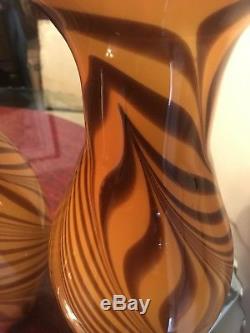 RARE PAIR Murano Hand Blown Glass Large Tiger Stripe Vases w Stickers MINT