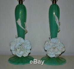 RARE Pair Murano Art Deco Glass Table Lamps with Applied Flowers Italian Venetian