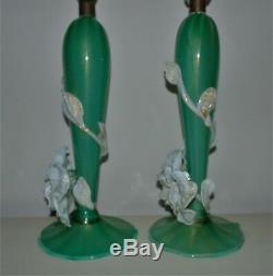 RARE Pair Murano Art Deco Glass Table Lamps with Applied Flowers Italian Venetian