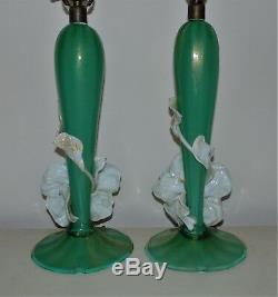RARE Pair Murano Art Deco Glass Table Lamps with Applied Flowers Italian Venetian