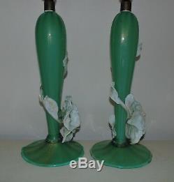 RARE Pair Murano Art Deco Glass Table Lamps with Applied Flowers Italian Venetian