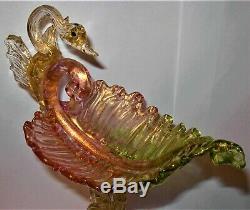 RARE Salviati Venetian Hand Blown Art Glass Figural Swan & Dolphin Shell Compote