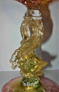 RARE Salviati Venetian Hand Blown Art Glass Figural Swan & Dolphin Shell Compote