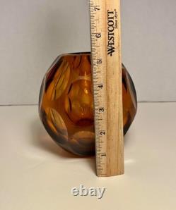 RARE Vintage Hand Blown Murano Italy Facet Amber Glass Vase 5