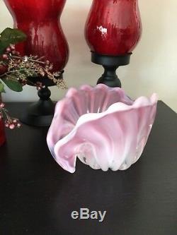 RARE Vintage1983 Italian Murano Art Glass Pink Opalescent Shell Pearl Bowl Decor