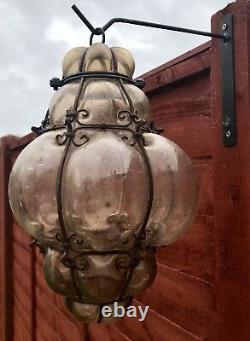 Rare Antique Italian Hand Blown Seguso Murano Glass Light Pendant Wrought Iron