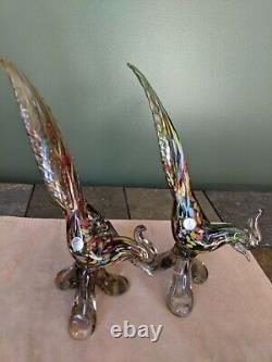 Rare Authentic 2 Murano Italy Multi Colored Hand Blown Glass Birds Of Paradise