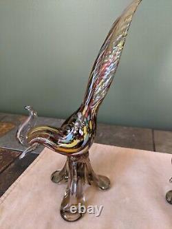 Rare Authentic 2 Murano Italy Multi Colored Hand Blown Glass Birds Of Paradise