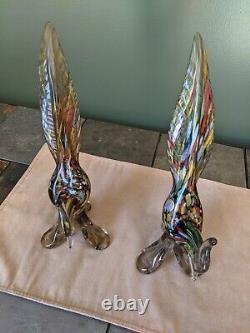 Rare Authentic 2 Murano Italy Multi Colored Hand Blown Glass Birds Of Paradise