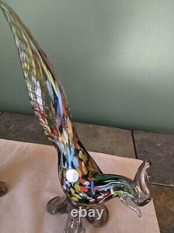 Rare Authentic 2 Murano Italy Multi Colored Hand Blown Glass Birds Of Paradise