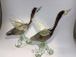 Rare Beautiful Pair Of Murano Hand Blown Art Glass Duck Geese In Flight