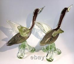 Rare Beautiful Pair Of Murano Hand Blown Art Glass Duck Geese In Flight