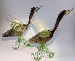 Rare Beautiful Pair Of Murano Hand Blown Art Glass Duck Geese In Flight