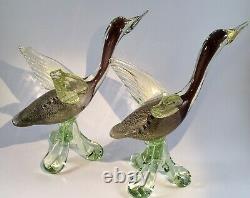 Rare Beautiful Pair Of Murano Hand Blown Art Glass Duck Geese In Flight