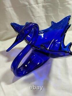 Rare Find! 1920's Large Blue Cobalt Art Glass Swan Dish, Hand Blown Murano