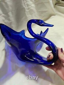 Rare Find! 1920's Large Blue Cobalt Art Glass Swan Dish, Hand Blown Murano