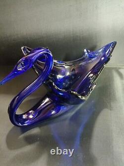 Rare Find! 1920's Large Blue Cobalt Art Glass Swan Dish, Hand Blown Murano