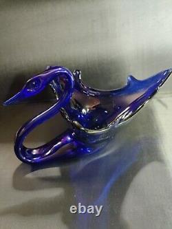 Rare Find! 1920's Large Blue Cobalt Art Glass Swan Dish, Hand Blown Murano