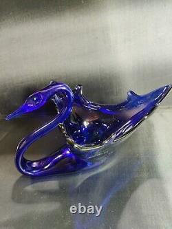 Rare Find! 1920's Large Blue Cobalt Art Glass Swan Dish, Hand Blown Murano