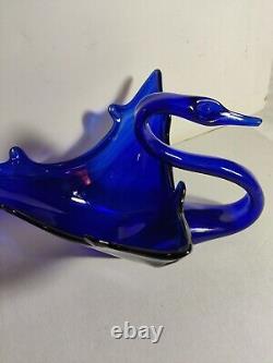 Rare Find! 1920's Large Blue Cobalt Art Glass Swan Dish, Hand Blown Murano