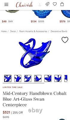 Rare Find! 1920's Large Blue Cobalt Art Glass Swan Dish, Hand Blown Murano