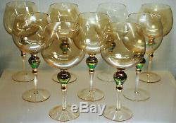 Rare Gorgeous Set Of (9) Gold Murano Hand Blown Balloon Style Wine Glasses Italy