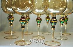 Rare Gorgeous Set Of (9) Gold Murano Hand Blown Balloon Style Wine Glasses Italy