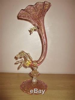 Rare Large Barovier Toso Salviati Horse Cornucopia Vase Pink Gold Venetian Glass