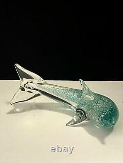 Rare MCM Aqua Blue Murano glass dolphin silver inclusion Hand Made Blown Glass