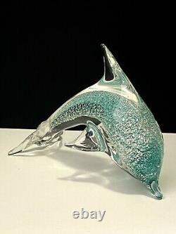 Rare MCM Aqua Blue Murano glass dolphin silver inclusion Hand Made Blown Glass