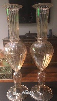Rare Pair Salviati Venetian Glass Hand Blown Glass Ribbed Bud Vases Murano
