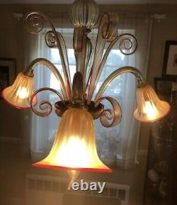 Rare Red and Gold Flex Murano Venetian hand blown glass chandelier 1980 3 arm