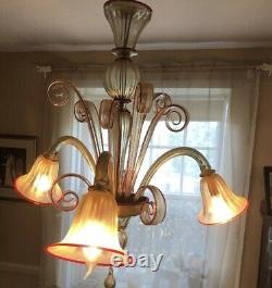 Rare Red and Gold Flex Murano Venetian hand blown glass chandelier 1980 3 arm