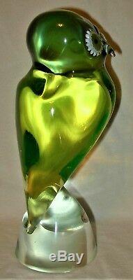 Rare Salviati Murano Vaseline Uranium Sommerso Italy Art Glass Owls 8-3/8
