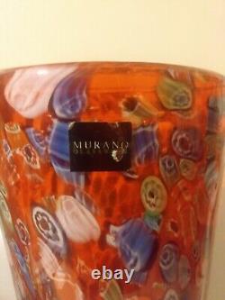 Rare Vintage Heavy Italian Murano Red Millefiori Hand Blown Glass Vase 12 Tall