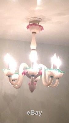 Rare White, Pink & Green Murano hand blown glass italian chandelier 6 arms