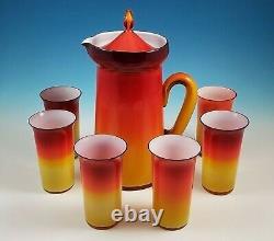 Retro Italian Cased Glass Peach Blow Water Set Pitcher with Lid 6 Tumblers Murano