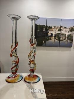 S. Signoretto Hand Blown Glass Rare Murano Candlesticks Singed