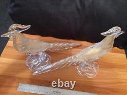 SALE! VTG Rare Pair of Murano Hand-blown Art Glass Pheasants Clear withGold Dust