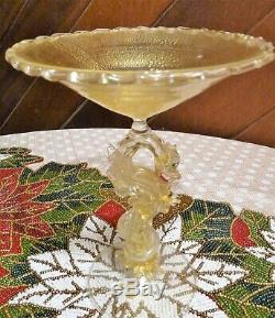 SALVIATI MURANO Gold Flecked VENETIAN GLASS COMPOTE with Gold Shot DRAGON STEM