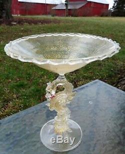 SALVIATI MURANO Gold Flecked VENETIAN GLASS COMPOTE with Gold Shot DRAGON STEM