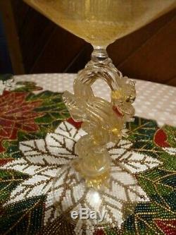 SALVIATI MURANO Gold Flecked VENETIAN GLASS COMPOTE with Gold Shot DRAGON STEM