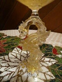 SALVIATI MURANO Gold Flecked VENETIAN GLASS COMPOTE with Gold Shot DRAGON STEM