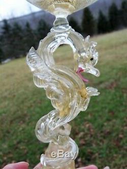 SALVIATI MURANO Gold Flecked VENETIAN GLASS COMPOTE with Gold Shot DRAGON STEM