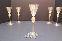 SET 5 Venetian hand blown Wine Glasses GOLD FLEC ATQ Italian Murano Salviati 8