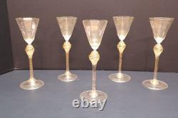 SET 5 Venetian hand blown Wine Glasses GOLD FLEC ATQ Italian Murano Salviati 8